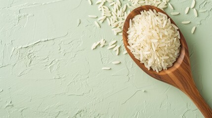 Uncooked white rice in wooden spoon on green textured background. Top view. Banner with copy space....