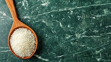 Wooden spoon full of raw white rice on emerald marble background. Top view. Banner with copy space....