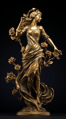 Shiny golden female figure sculpture on black backdrop. Concept of classical art, luxury decor, sculpture, golden statue, artistry, elegance. Vertical format