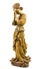 Shiny golden female figure sculpture on a white backdrop. Concept of classical art, luxury decor, sculpture, golden statue, artistry, elegance. Vertical format