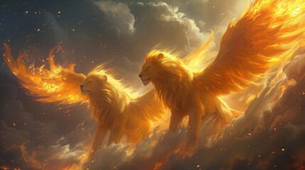 Lions with fiery phoenix wings soaring majestically through the sky