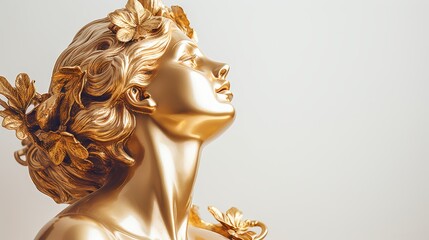 Golden sculpture of female head on a light solid background. Banner with copy space. Concept of classical art, sculpture, golden statue, artistry, elegance, luxury decor.