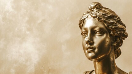 Naklejka premium Gold sculpture of female head on a light textured background. Banner with copy space. Concept of classical art, sculpture, golden statue, artistry, elegance, luxury decor.