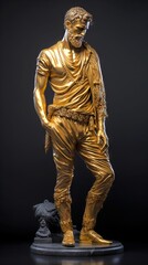 Obraz premium Gold statue of a man on a black background. Concept of classical sculpture, luxury decor, antiquity art, golden statue, artistry, elegance, renaissance. Vertical format