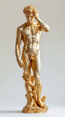 Gold statue of a man on a light background. Concept of classical sculpture, luxury decor, antiquity art, golden statue, artistry, elegance, renaissance. Vertical format