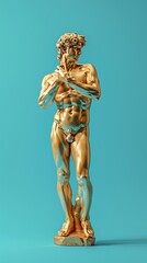 Fototapeta na wymiar Gold statue of a man on a solid blue background. Concept of classical art, luxury decor, sculpture, golden statue, artistry, elegance. Vertical format