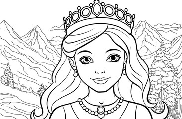 Young princess portrait coloring page. Outline black ink drawing antistress coloring book mountain forest isolated on white vector illustration