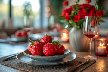 Serving and decorating a romantic dinner with red roses and strawberries on a plate for a couple in love on Valentines Day