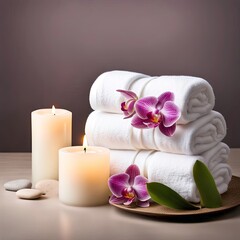Obraz na płótnie Canvas Pink orchid blossoms on white spa towels with hot stones and candles