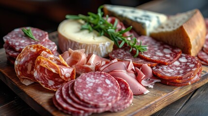 selection of cured meats and cheeses ona wooden board - obrazy, fototapety, plakaty