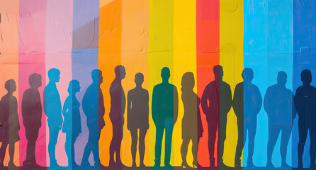 Silhouettes of a diverse group of multiethnic people viewed from the side, symbolizing a community of colleagues or collaborators. Concept conveys collaboration, teamwork, and the idea of a bargain - obrazy, fototapety, plakaty