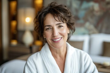 Skincare wellness spa procedures advertising concept with a happy cheerful middle aged brunette woman with toothy smile wearing bathrobe at spa salon or hotel relax zone looking at camera - obrazy, fototapety, plakaty
