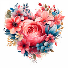 a romantic spring flowers heart-shaped in watercolor style on a white background. Greeting card.