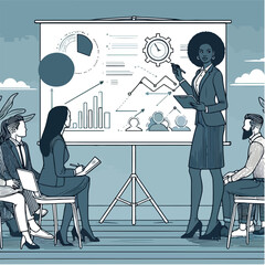 A confident businesswoman presenting a strategy to her colleagues in a meeting, depicted in a vector illustration.