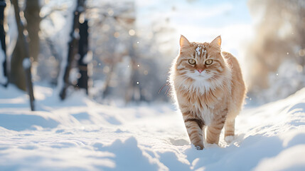 Naklejka na ściany i meble red cat walks in winter. Neural network AI generated art