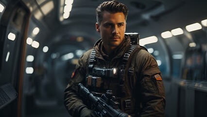 
Embark on an interstellar odyssey with this riveting image featuring a man in a space suit, armed and ready for cosmic exploration within a spacecraft. Against the backdrop of the vast, star-studded 