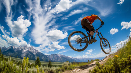 Extreme mountain bike rider on sunny day in Rocky Mountains