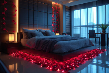 Romantic neon-lit bedroom decorated with a path of delicate rose petals in soft twilight. Valentine's Day