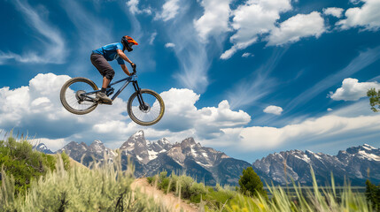 Mountain biker jumping on top of mountain with blue sky