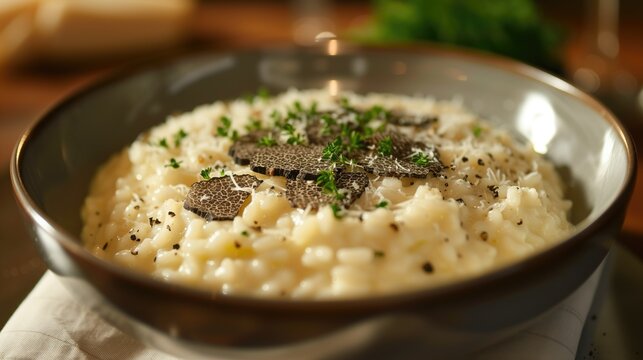 A bowl of creamy risotto garnished with freshly shaved truffles and Parmesan cheese