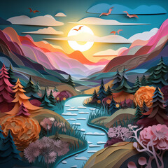 Paysage fantastique coloré, collage effet "papier découpé", montagnes et forêt