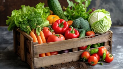 A collection of freshly harvested organic vegetables arranged in a rustic wooden crate