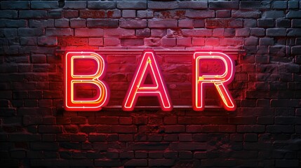 Neon sign Bar on brick wall background. Night bright neon signboard.