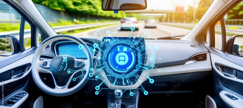 Poster engineer programming autonomous vehicle with interactive holographic elements and copy space