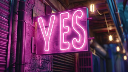 Neon signboard on the wall of a cafe with the word YES