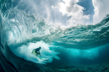Surfer at the bottom of the ocean with a big wave