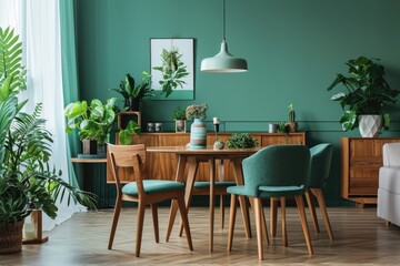 Scandinavian Mint Green Interior: Modern Living Room with Dining Area and Cabinet