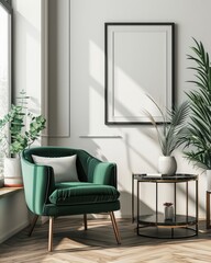 Modern Living Room Interior Design with Green Armchair and Coffee Table. Mockup Poster on Wooden Wall. Home Decor Style. 3D Render