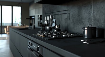 Modern Black Kitchen Interior with Stylish Stove and Oven