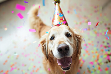 Funny dog wearing pary hat, birthday celebration card. Happy pets. Generative AI - obrazy, fototapety, plakaty