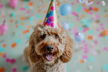 Funny dog wearing pary hat, birthday celebration card. Happy pets. Generative AI - 722423971