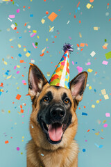 Funny dog wearing pary hat, birthday celebration card. Happy pets. Generative AI - 722423974