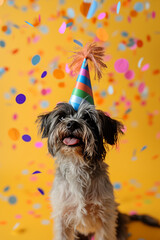 Funny dog wearing pary hat, birthday celebration card. Happy pets. Generative AI - 722423986