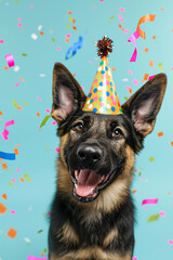 Funny dog wearing pary hat, birthday celebration card. Happy pets. Generative AI - 722423987