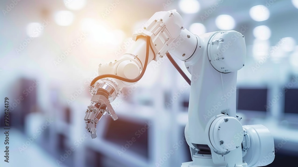Poster robot arm in action machine learning on modern production line with blurred background