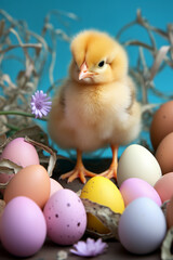 Cute Easter chicken and eggs. Generative AI - 722424109