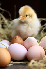 Cute Easter chicken and eggs. Generative AI - 722424122