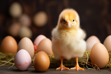 Cute Easter chicken and eggs. Generative AI - 722424126