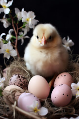 Cute Easter chicken and eggs. Generative AI - 722424137