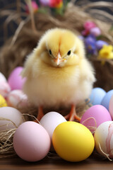 Cute Easter chicken and eggs. Generative AI - 722424154