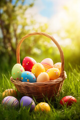 Colorful Easter eggs in basket on the green meadow. Generative AI - 722424192