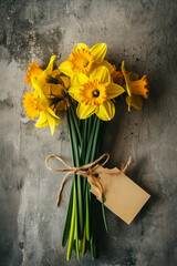 Bouquet of fresh daffodil flowers and thank you tag on concrete background. Generative AI - 722424320