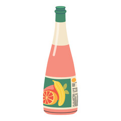 Fruit juice glass bottle concept. Vector hand-drawn cartoon fruit drink bottle illustration on a white background. Organic fruity water soda beverage. Glass bottle of summer refreshment.
