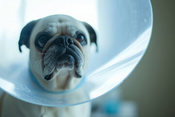Sad dog wearing veterinary collar. Generative AI - 722424564