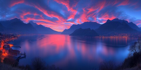 Stunning Sunset Over Lake With Majestic Mountains