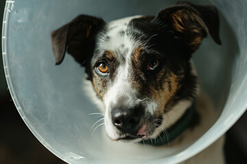 Sad dog wearing veterinary collar. Generative AI - 722424578